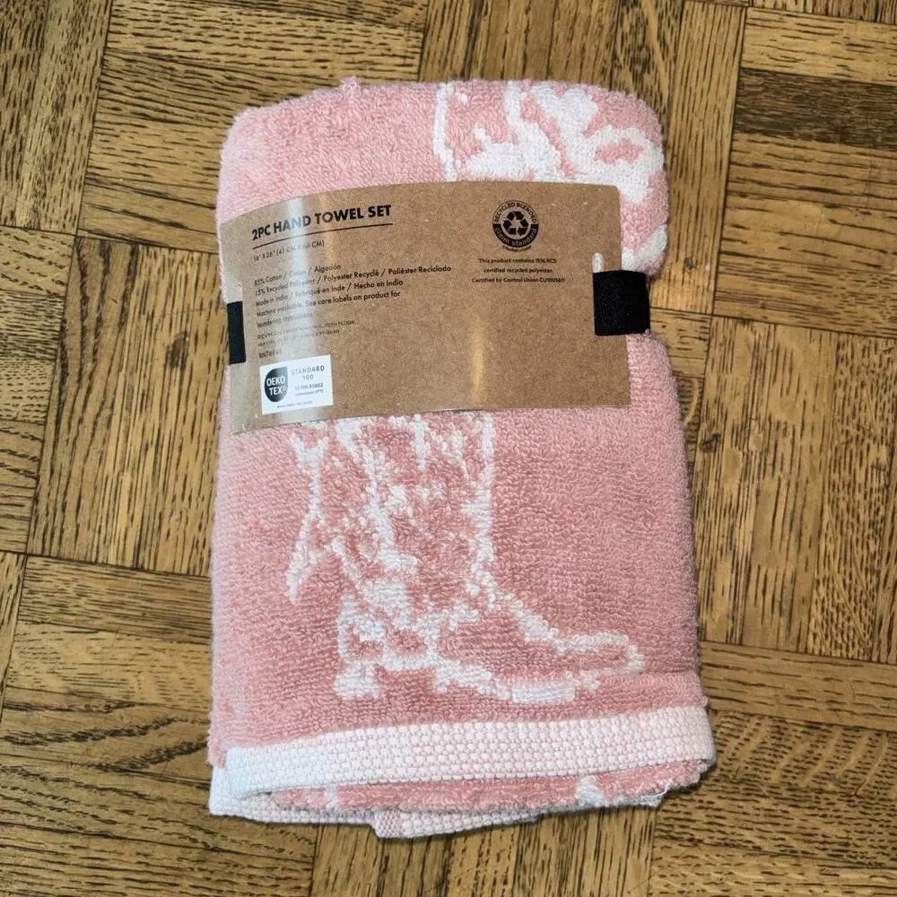 Wrangler Cowboy Like Me Pink Peach Boots Hat Hand Towels White Set of 2 NEW
